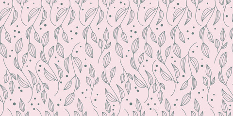 A delicate seamless pattern with line drawn leaves. Pattern for wrapping paper, fabric, notepads. Fresh design can be used for cosmetics, beauty products, organic and healthy food with  modern ornamen