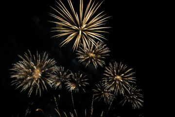 Colorful fireworks in the black sky at the Pattaya Beach Fireworks Festival to welcome the New Year and tourism festival.