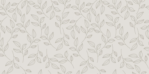 A delicate seamless pattern with line drawn leaves. Pattern for wrapping paper, fabric, notepads. Fresh design can be used for cosmetics, beauty products, organic and healthy food with  modern ornamen