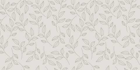 A delicate seamless pattern with line drawn leaves. Pattern for wrapping paper, fabric, notepads. Fresh design can be used for cosmetics, beauty products, organic and healthy food with  modern ornamen