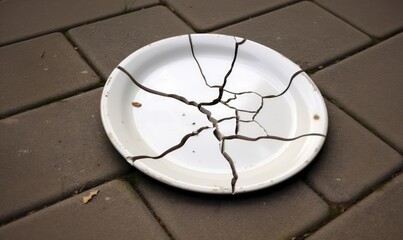 broken white plate on the ground. 
