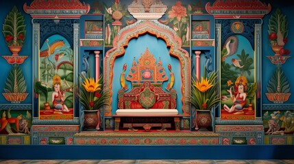 Celebrate the artistic excellence of a traditional Indian pooja room wall painting, a treasure of cultural heritage.