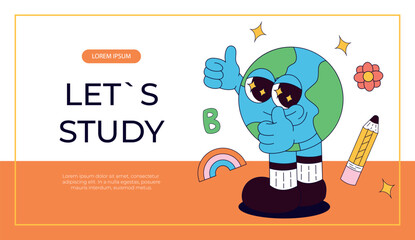 Promo banner with funky retro groovy planet earth character. Back to school. Children's stationery, funny study school supplies. Nostalgia 60s, 70s, 80s. Vector for poster, cover, advertising