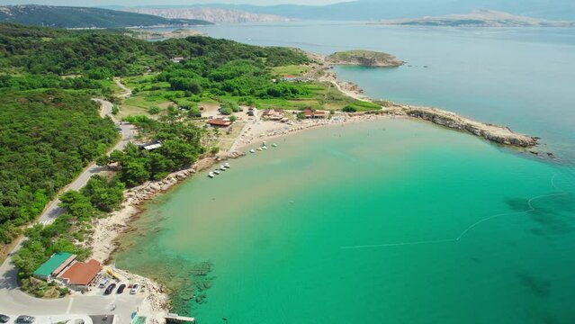 Aerial panorama of the stunning Rajska plaza beach on Rab Island, Croatia.