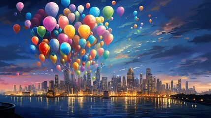 Colorful balloons gently rising above a city skyline, spreading the cheer of the upcoming New Year. - obrazy, fototapety, plakaty