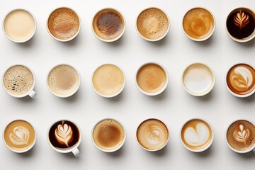 Cups of coffee isolated on white background, in a pattern style, top view