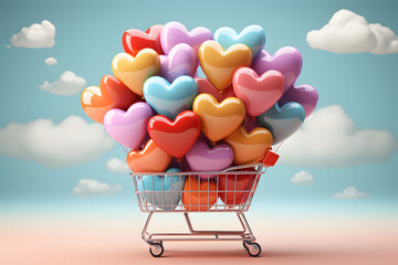 Supermarket cart background with heart shaped balloons. E-commerce. Mother's Day and Valentine's concept. Romantic background.