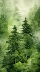 Fototapeta premium Watercolor with tranquility forest landscape. Poster art.
