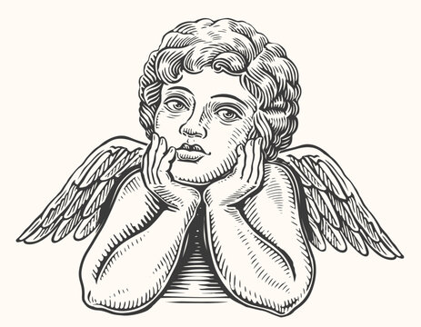Hand drawn pensive Angel child with wings. Cherub or Cupid sketch. Vintage vector illustration