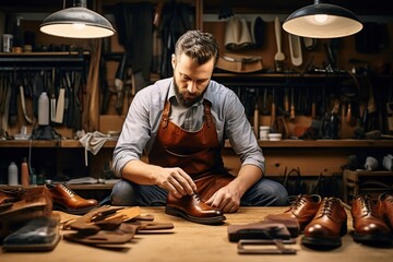 experienced shoemaker mending shoes in his modern shoe store