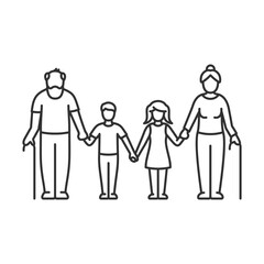 Grandparents with grandchildren, old man and old woman with girl and boy holding hands. Family, linear illustration. Line with editable stroke