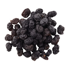 organic dry black raisin cut in half sliced with leaves isolated on white background with clipping path