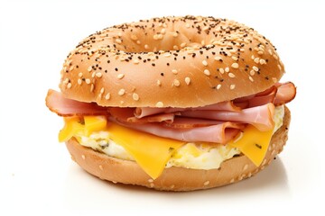 Egg Sandwich. Delicious egg ham and cheese sandwich on a toasted bagel. Shot on a white background.
