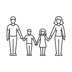 Parents with a child of children holding hands. Family, linear illustration. Line with editable stroke