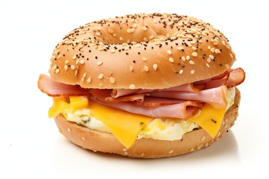Egg Sandwich. Delicious egg ham and cheese sandwich on a toasted bagel. Shot on a white background.