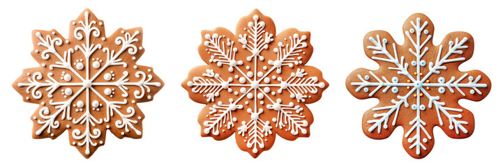 Set of homemade holiday cookies in the shape of a snowflake are cut out on a transparent background. The cookies are decorated with glaze. Snowflake shaped cookies in PNG format