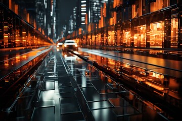 Fototapeta premium futuristic car on a glossy road in a tunnel with transparent walls, transport of the future, city streets