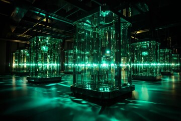 futuristic global data processing center, infrastructure for telecommunications and internet technology with virtual reality, digital future, cyberspace visualization, illumination