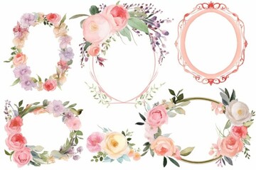 A compilation of wedding frame elements, featuring intricate designs like flowers, hearts, rings, and ornate patterns. Ideal for creating elegant and personalized wedding invitations or decor. - obrazy, fototapety, plakaty