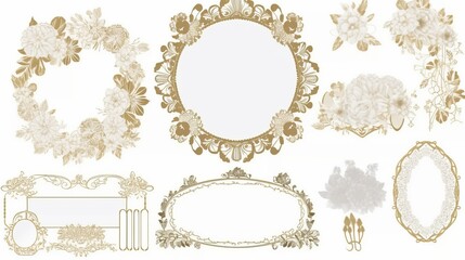 A compilation of wedding frame elements, featuring intricate designs like flowers, hearts, rings, and ornate patterns. Ideal for creating elegant and personalized wedding invitations or decor.