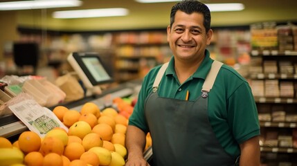Smiling employee in a grocery store, nice and honest customer service in a supermarket