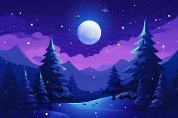 Magical and ethereal illustration of winter night landscape, sky is deep blue with purple and pink clouds, moon is full and shining brightly, trees are tall and evergreen, with snow on their branches