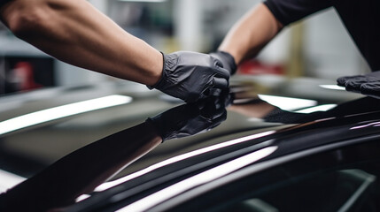 Car side window film removal and tinting installation. Male auto specialist worker hand gently carefully peeling off the old protective car film from glass surface. - obrazy, fototapety, plakaty