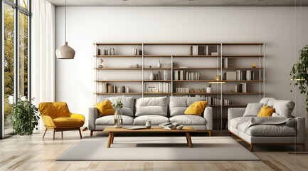 Modern interior design of apartment Cozy living room with gray sofa, coffee tables, bookshelf and armchairs Scandinavian home 3d rendering
