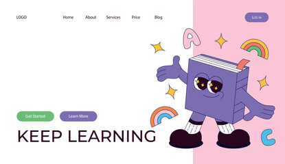 Landing page with funky retro groovy book character with bookmark. Back to school. Children's stationery subjects. Funny study school supplies. Nostalgia 60s, 70s, 80s. Vector for banner, website