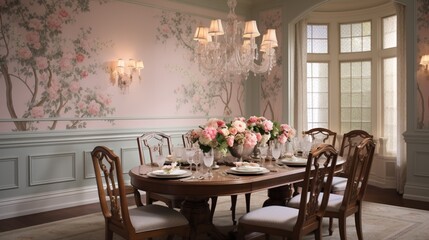 Fototapeta na wymiar Design an elegant and timeless wall painting with intricate floral motifs that adds a touch of classic beauty to a formal dining room.