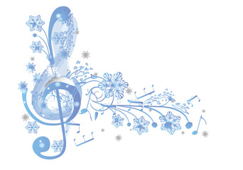 Winter music. Abstract treble clef decorated with snowflakes and notes. Vector illustration. - 685367692