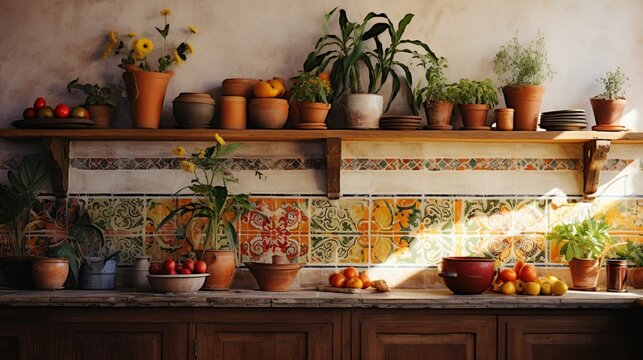 Design an intricate mosaic-style wall painting with a mix of tiles and patterns, adding a touch of Mediterranean charm to a kitchen.