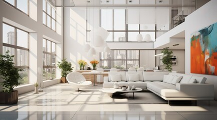 Interior of modern white living room panorama 3d rendering