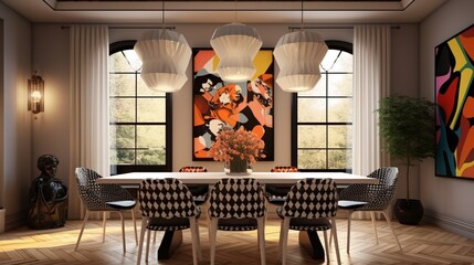 Eclectic dining room, mixed patterns, modern art.