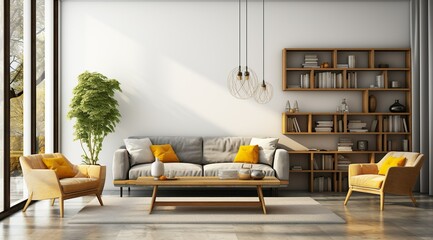 Modern interior design of apartment Cozy living room with gray sofa, coffee tables, bookshelf and armchairs Scandinavian home 3d renderin
