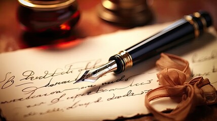 a fountain pen placed on an antique handwritten letter, showcasing the vintage nib pen and the intricacies of handwritten English cursive styles such as copperplate and Spencerian.