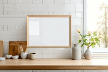 Obraz premium Empty wooden picture frame mockup hanging on beige wall background. Boho shaped vase, flowers on table.