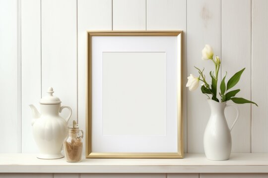Empty wooden picture frame mockup hanging on beige wall background. Boho shaped vase, flowers on table.