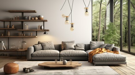 Modern interior design of apartment Cozy living room with gray sofa, coffee tables, bookshelf and armchairs Scandinavian home 3d renderin