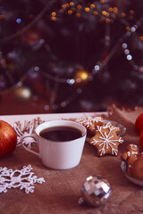 White coffee cup template with handmade cookies. Vintage Christmas background