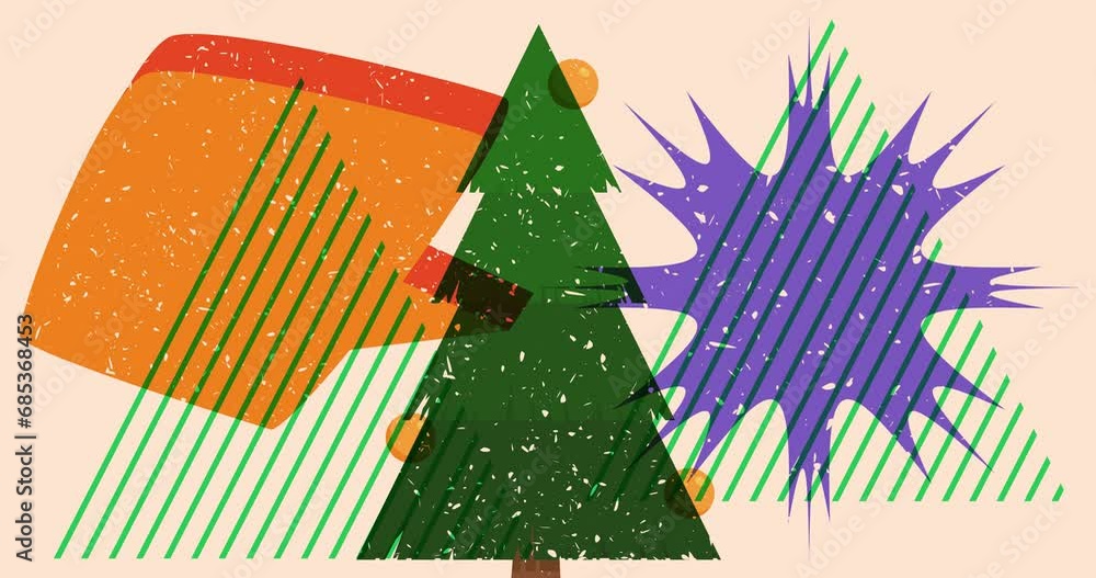 Poster risograph pine tree with speech bubble and geometric shapes animation. moving holiday object in tren
