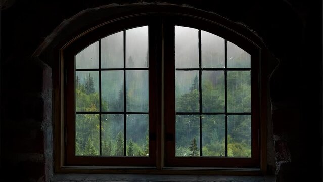 raining day window in the old building with waterdrops on glass