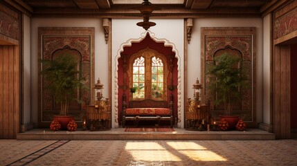 Explore the timeless elegance of a pooja room wall adorned with a traditional painting, a true...