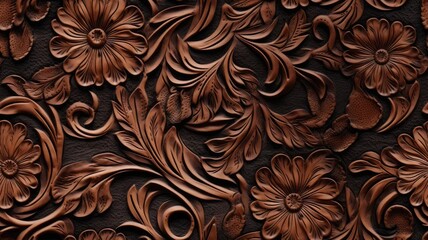 a fancy embossed leather background with intricate floral and cowboy western design elements. SEAMLESS PATTERN. SEAMLESS WALLPAPER. - obrazy, fototapety, plakaty