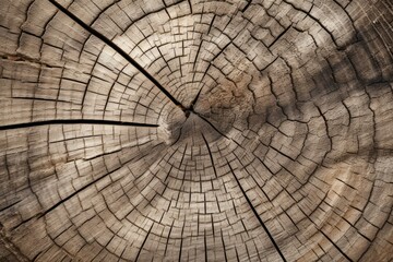 Fototapeta premium Old wooden oak tree cut surface. Detailed warm dark brown and orange tones of a felled tree trunk or stump.