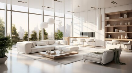 Interior of modern white living room panorama 3d rendering