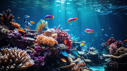 Obraz premium Underwater coral reef and sea life background