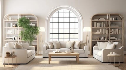 Warm and inviting living room interior featuring white decor, an arched mirror, and built-in shelving, creating a minimalist ambiance.