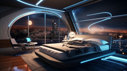Futuristic bedroom of the future with holographic displays. Where dreams become reality.