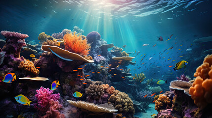 Underwater coral reef and sea life background - obrazy, fototapety, plakaty
